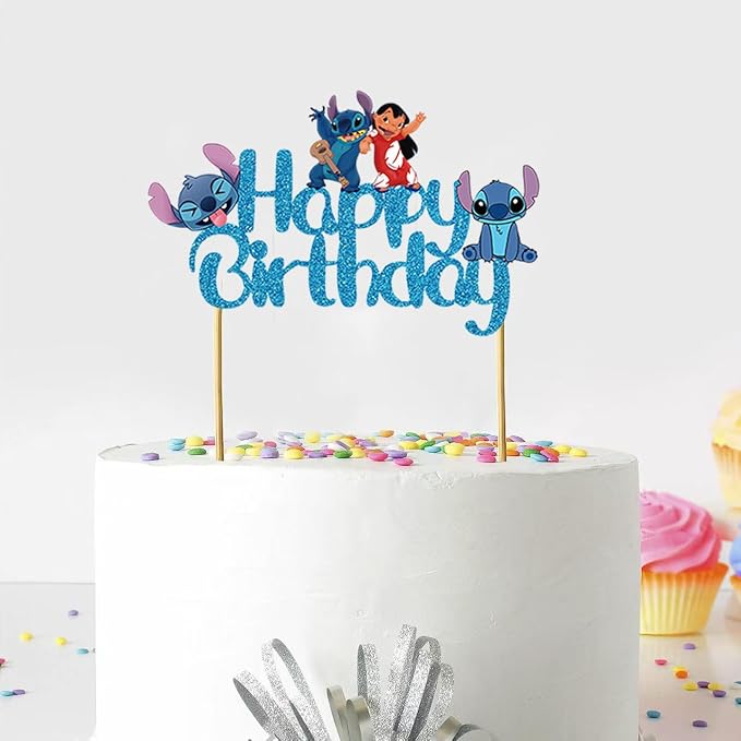 Blue Cake Topper, Glitter Happy Birthday Cake Decorations, Boys Girls Cute Cartoon Theme Party Supplies