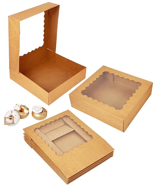 Bakepacker 90pcs Brown Pie Boxes 8x8x2.5 inches Easy Assemble Macaroon Cookie Boxes Bakery Boxes with Window for Bakery (Auto-pop Up)