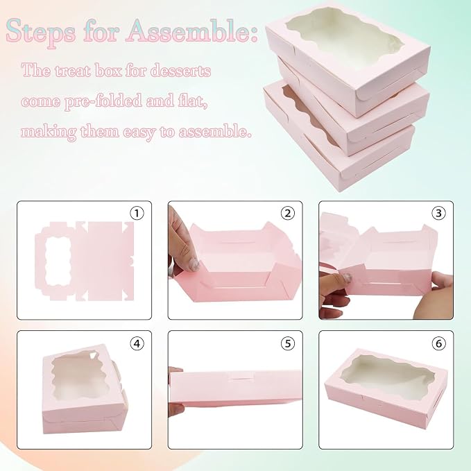 Amonk Cookie Boxes with Window, Pink 7x4.3x1.5 Inch Paperboard, 20PCS | Bakery Boxes Treat Boxes for Chocolate Covered Strawberries, Desserts, Cookies and Macaroons