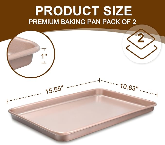 Wildone 2 Pack Jelly Roll Pan, Nonstick Baking Sheet for Oven, Thicker Carbon Steel Cookie Sheet 15x10 Inch, Heavy Duty & Easy Clean, Rose Gold