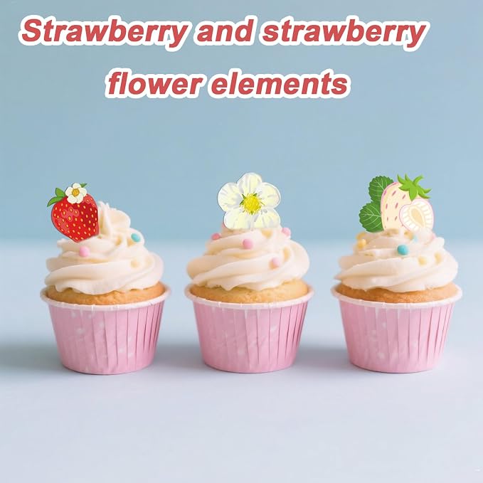 Lyreh 280pcs Edible Strawberry Cupcake Decorations, Strawberry Flower Birthday Cake Toppers Party Floral Decoration Supplies for Sweet Themed Party