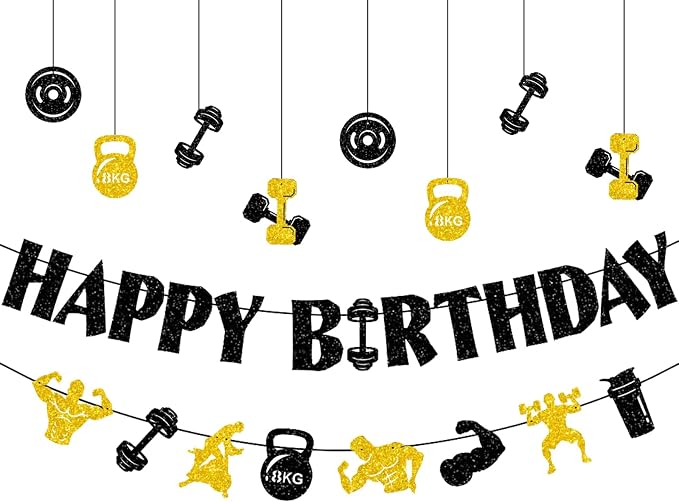 Zwiebeco Black Gold Gym Happy Birthday Banner Bunting Hanging Paper Ornament Garland Party Decorations for Fitness Dumbbells Kettlebells Weightlifting Themed Boys Mens Bday Decor Accessories Supplies