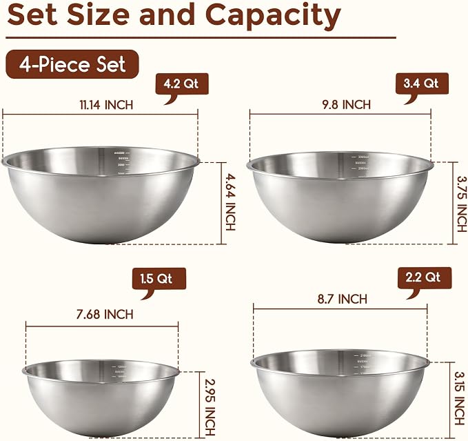 Gronivex 304 Stainless Steel Mixing Bowls, 4-Piece (1.5, 2.2, 3.4 & 4.2 Qt) | Thicker-Gauge, Food-Grade Metal, Stackable Nesting & Space-Saving – For home baking, salads, cooking, and RV or grilling use