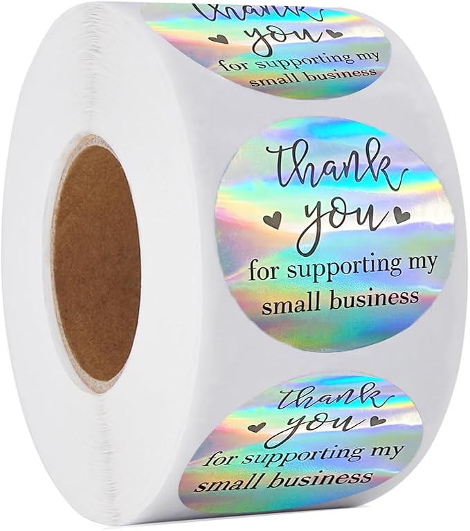 1.5 inch Thank You Stickers, 500 Pcs Thank You for Supporting My Small Business Stickers, Holographic Rainbow Stickers for Bakeries, Crafters & Small Business Owners