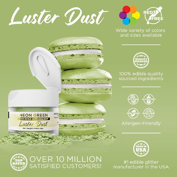 Luster Dust - Neon Green (4g 1x Jar) | Edible Vegan Dust & Paint for Cake Decorating, Ice Cream, Desserts, Cocktails and Beverages by Bakell