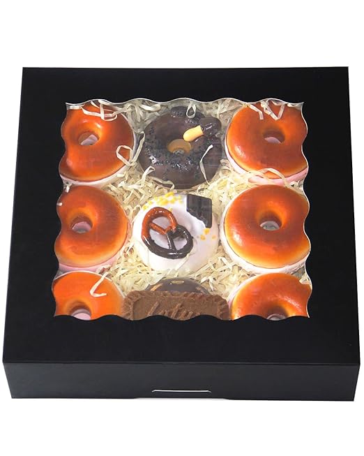 qiqee Black Bakery Box with Window 24-Packs 10x10x2.5 inch Donut Pie Boxes Pastry Box(24pcs Black Bakery Boxes+5 Sets Dividers+20 Silver Stickers+30pcs Cookie Packaging Includes)