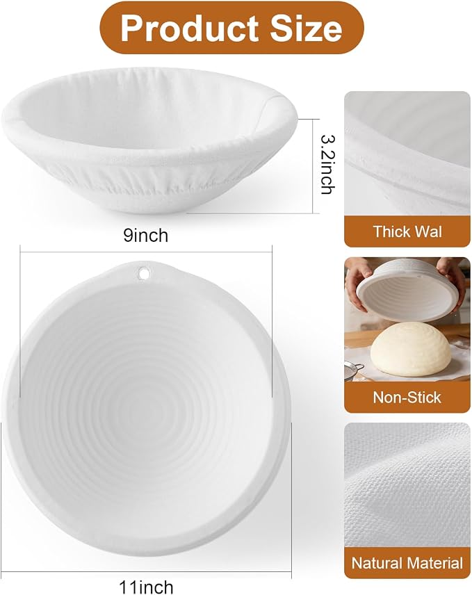 2 Pcs Banneton Bread Proofing Baskets, Sourdough Basket, Round, 10 Inch | Banneton Basket Set, Proofing Basket for Sourdough & Artisan Bread Baking, Non-Stick, Made with Eco-friendly Sugarcane Pulp