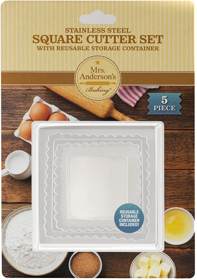 Mrs. Anderson’s Baking Cookie Fondant Cutters, Graduated Squares, Stainless Steel, 5-Piece Set with Storage Container