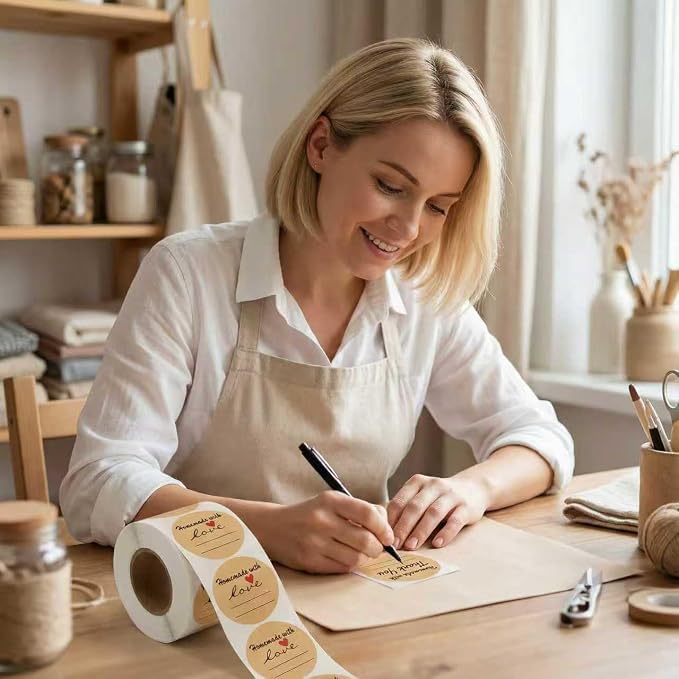 2 Inch Natural Brown Kraft Stickers (500 Per Roll), Homemade with Love Sticker with Lines for Writing (Permanent Adhesive) for Store Owners, Crafts, Organizing, Jar and Canning Labels