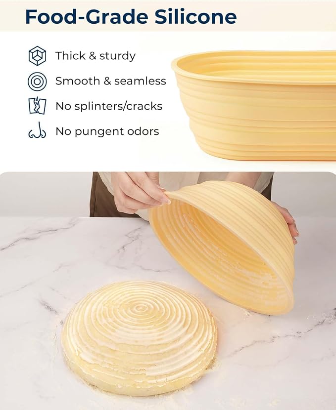 Lorzon Silicone Banneton Bread Proofing Baskets Set of 2, 9" Round & 10" Oval Foldable Sourdough Proofing Baskets, Silicone Proofing Bowls for Sourdough Bread, Easy to Clean and Store