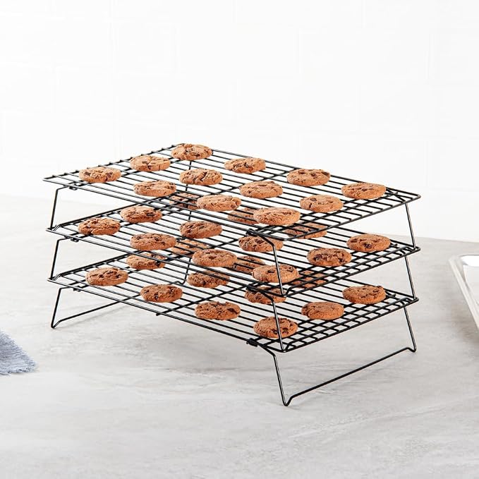 Restaurantware Met Lux 15.7 x 9.8 x 8.3 Inch Wire Baking Rack Set 1 Stackable Oven Wire Rack Set - 3-Tier Design Oven-Ready Up To 392F Black Iron Cooling Rack Set With Collapsible Feet