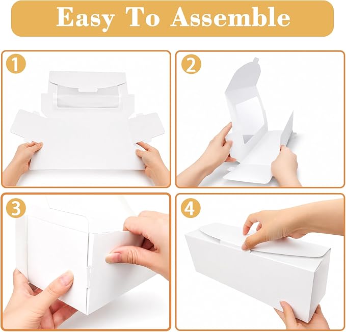 FORBFAN 50 Pcs Roll Cake Boxes 12x4x3.5 Inches, Rectangle Pumpkin Roll Packaging Boxes, White Bakery Pastry Boxes with Window for Swiss Roll, Loaf, Cinnamon Roll, Banana Bread
