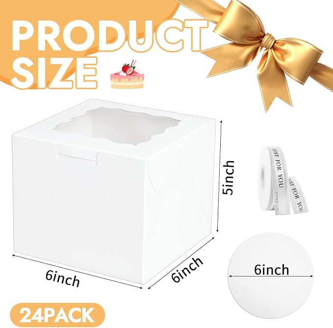JCD 48pcs Bakery Boxes with Window,6x6x5in Small Bento Cake Box, Mini Cake Boxes sets cake within 6'' (24 Boxes & 24 Boards), Package for Pastries, Cupcakes, Birthday, Wedding(6 * 6 * 5inch/24sets)