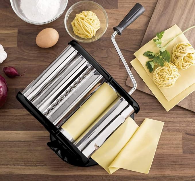 Cestari Stainless Steel Pasta Machine - 150 mm Roller with Patented Suction Base for No-Slip Use - Includes Pasta Cutter, Hand Crank, and Recipes