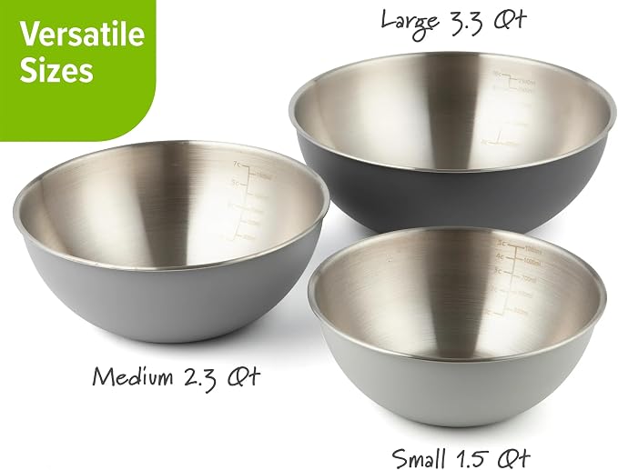 3 Piece Stainless Steel Mixing Bowls Set - Nested Kitchen Prep Bowls with Measurement Markings, 1.5 Qt, 2.3 Qt, 3.3 Qt, Dishwasher Safe