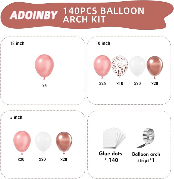 Rose Gold Balloons Arch Kit, 140Pcs Metallic Rose Gold White Balloon 18 12 10 5 Inch Different Size Balloons Garland Kit for Birthday Party Bridal Shower Wedding Girls Engagement Decorations