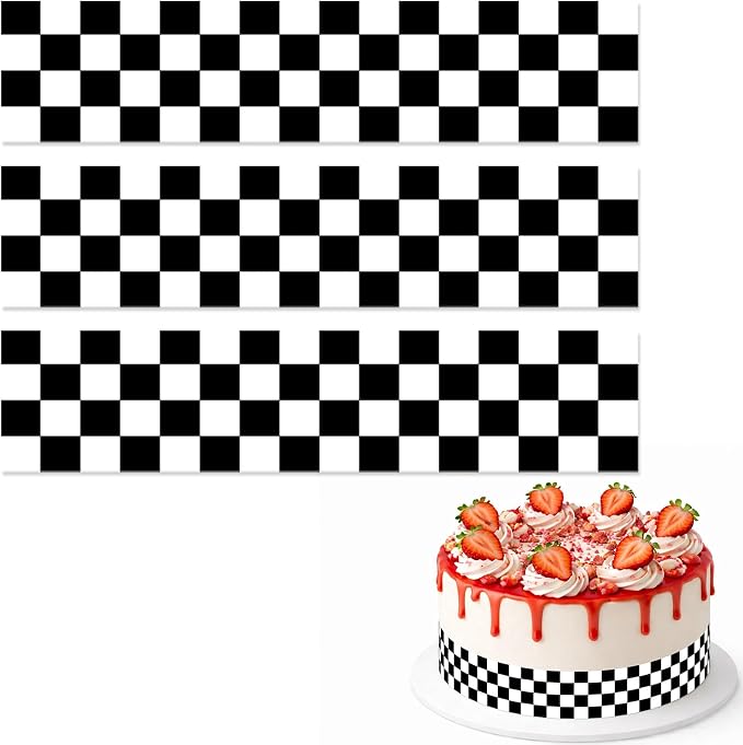 3pcs Edible Checkered Cake Border, 28x6.2cm/11x2.44in Black & White Flag Print Racing Pre-Cut Race Car Image Wrap Rice Paper Sheet for Birthday Decor Side Strip Topper Party Decoration
