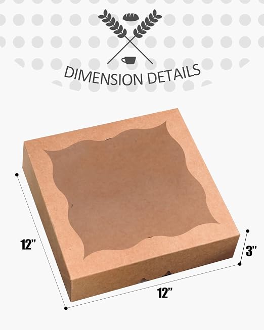 qiqee Auto-pop Up Brown Pie Boxes with Window 12x12x3 Inch 24Packs Cookie Donut Bakery Box