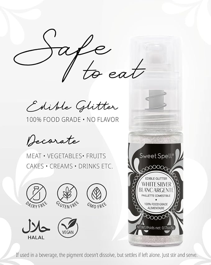 Sweet Spell Edible Cake Glitter Spray – Shimmering Magic for Cakes Decorating & Cocktails – 100% Edible, Food-Grade, Vegan, Gluten-Free (White Silver)