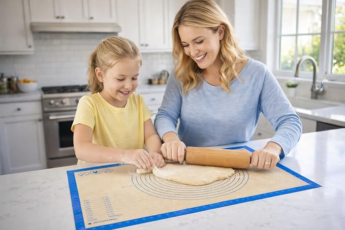 Silicone Pastry Mat with Measurements, 26 x 16 Inch Extra Thick Non-Slip Nonstick Large Baking Mat for Dough Rolling, Kneading, Fondant and Pie, Blue