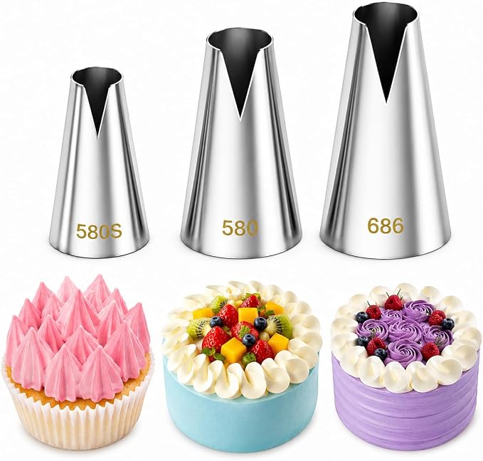 3 Pcs St. Honoré Piping Tips Set, V-Shaped Cake Decorating Tips, Stainless Steel Frosting Nozzles for Ruffled Borders, Ribbon Effects on Cakes, Cupcakes – Includes 580, 686, 580S