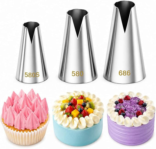 3 Pcs St. Honoré Piping Tips Set, V-Shaped Cake Decorating Tips, Stainless Steel Frosting Nozzles for Ruffled Borders, Ribbon Effects on Cakes, Cupcakes – Includes 580, 686, 580S