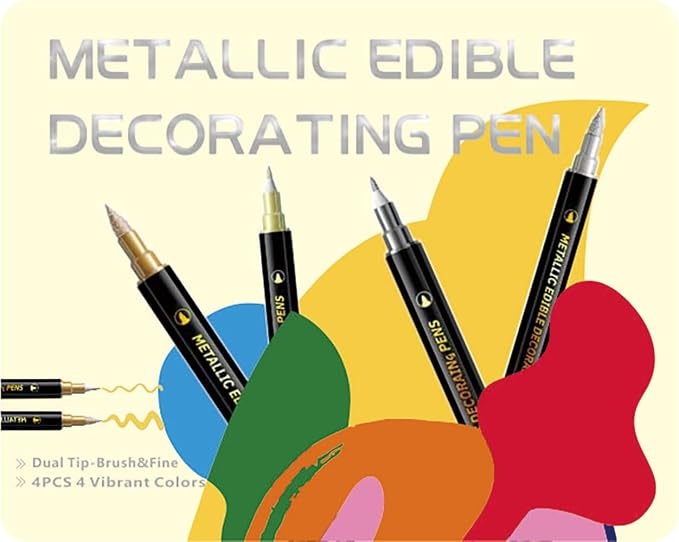 ZJSJSP Edible Metallic Markers,Food Shimmering Color Pen,Fine and Thick Tip Food Upgrade for Cookies/Cakes/Fondant/Baking Decorating/Drawing(4PCS) (Gold, Silver, Rose Gold, Black, 4PCS)
