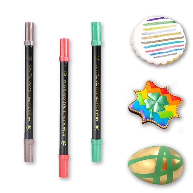 Edible Metallic Markers, 3Pcs Food Shimmering Color Pens With Dual Tips For Cookie/Cake/Cupcake/Fondant/Baking Decorating By Preatoc (RED, DK GREEN, BROWN, SET OF 3)