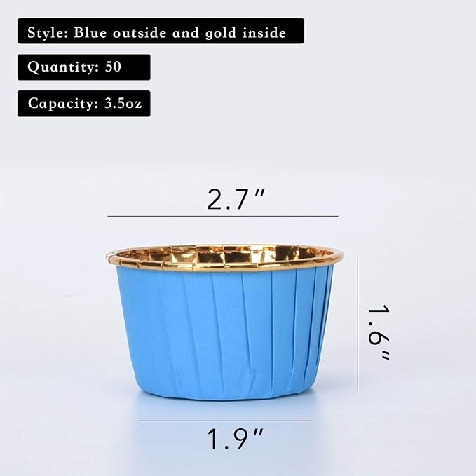 Party Hippo Cupcake Cups, 3.5 Oz 50 pcs Disposable Foil Muffin Liners, Gold Baking Cups, Ramekin Aluminum Cupcake Tip Pan Ramekin Holders, Little Baking Cups (50, Blue)