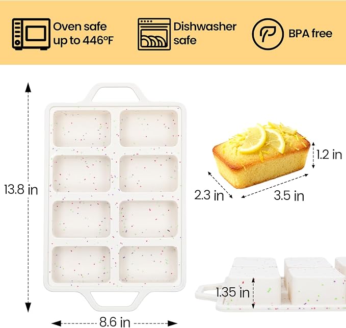 FUNBAKY Metal Reinforced Silicone Mini Loaf Pan, 8-Cavity Nonstick Mini Bread Pans for Baking Bread, Cakes, Brownies, Meatloaf, Jellies Oven Dishwasher Safe