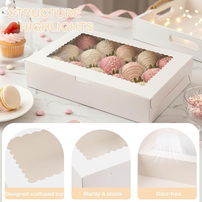 OAMCEG 24 Pack Cookie Boxes with Window, 12x8x2.5 Inch Bakery Treat Boxes for Christmas Holiday Gift Giving, Desserts, Donuts, Pastries-White