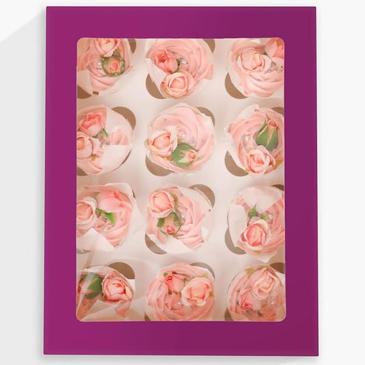 Bakepacker 12 Cupcake Containers 10-Packs Deep Purple Cupcake Box Cupcakes Carrier, 12 Cupcake Boxes with Window 13"x10"x3.5"（Auto-pop up）