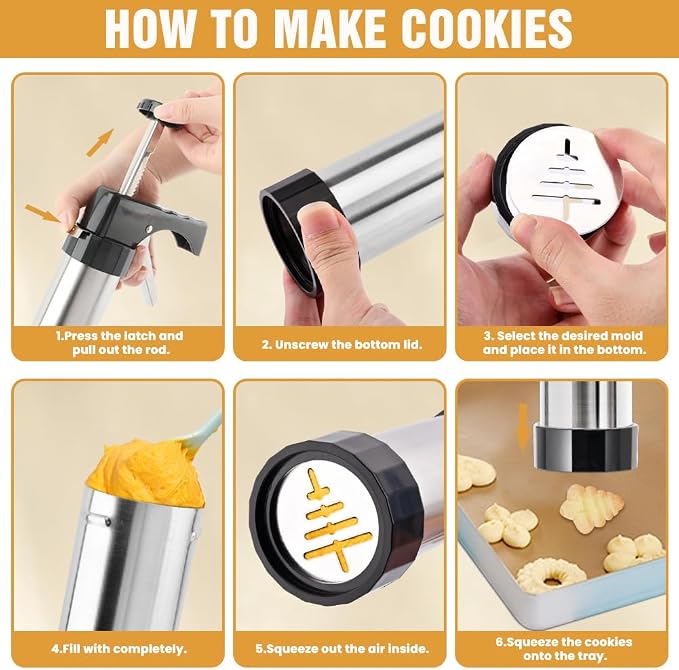 Cookie Press Gun Kit, Stainless Steel Hand Press, 13 Discs, 8 Tips | Includes 1 press gun 2 cleaning brushes, For spritz cookies icing and egg filling, No storage case included