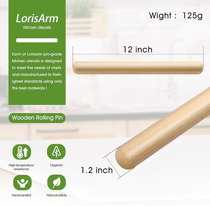 LorisArm 11.5-inch Wooden Rolling Pin for Baking, French Wood Rolling Pin Wood Kitchen Dough Roller for Fondant, Pizza, Pie, Cookie and Pastry (Pack of 2)