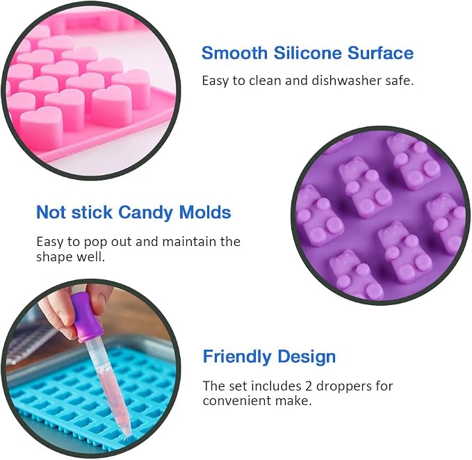 Silicone Gummy Molds Set of 4, Candy Molds with 2 Droppers for Convenient Filling, Chocolate Molds Set Includes Dinosaur, Bear, Donut and Heart Molds
