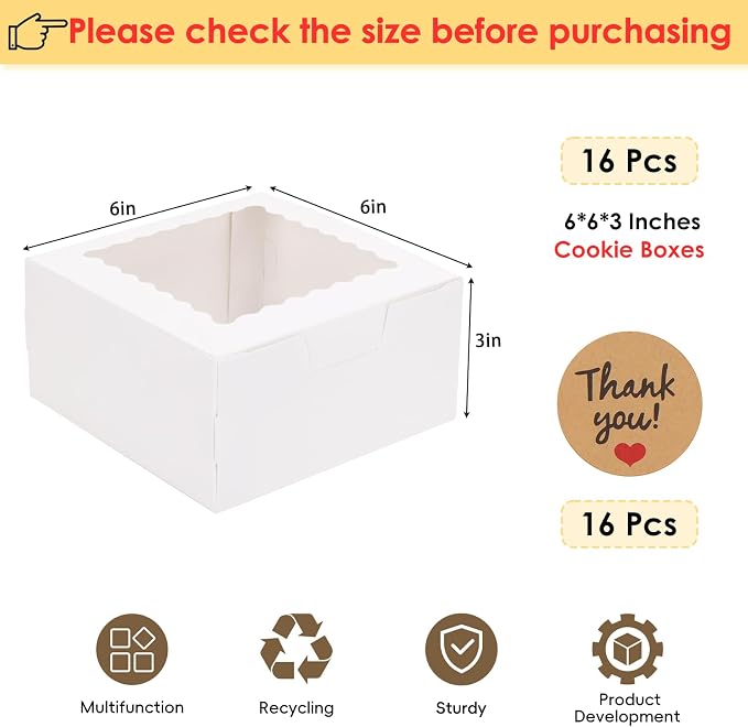 TOMNK 16pcs Cookie Boxes with Window, 6x6x3 Inches Bakery Boxes for Treats, Chocolate Covered Strawberries, Cupcake, Pastry(with Stickers)