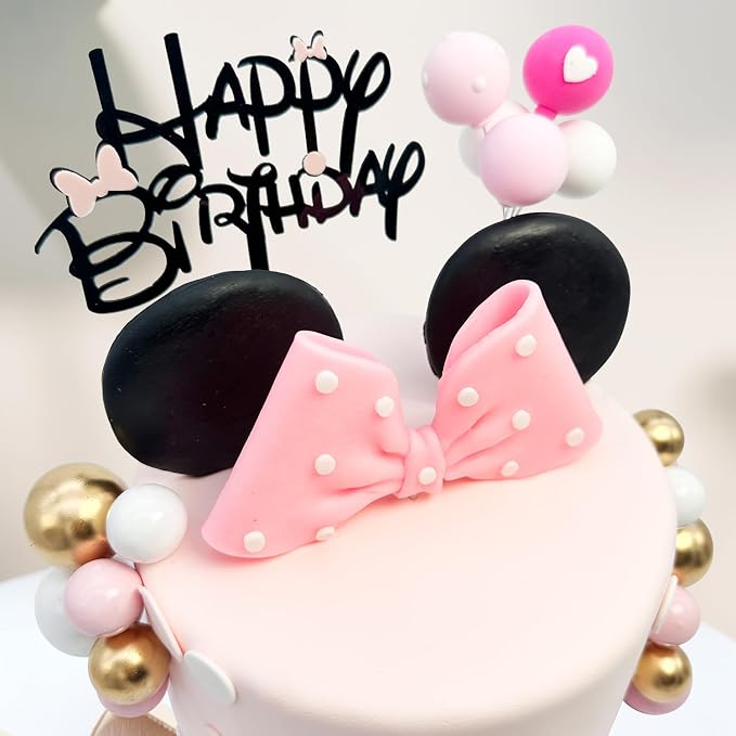 Tarocynn 20Pcs Mouse Birthday Cake Topper with Bows and Ears Happy Birthday Party Baby Shower Decorations Supplies