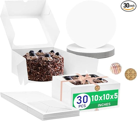 30PCS White 10x10x5 Inches Cake Box,Cake Boxes Set (60Pcs,30Pcs Boxes and 30Pcs Boards) with Cake Boards,Bakery Boxes with Clear Window for Cake,Dessert,Cookie,Birthday,Party,Wedding
