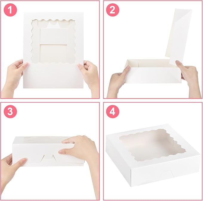 Kucoele Pie Boxes, 9 x 9 x 2.5 Inches, 20 PCS, White | Auto-Popup, with Window, Bakery Boxes, Cookie Boxes, Treat Boxes, For Chocolate Strawberries, Pastries, Muffins, Donuts