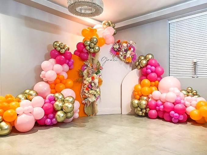 Pink and Orange Balloons Garland Arch Kit, 154pcs Hot Pink Light Pink Orange Metallic Gold and Confetti Latex Balloons for Summer Tropical Birthday Baby Shower Wedding Party Decorations