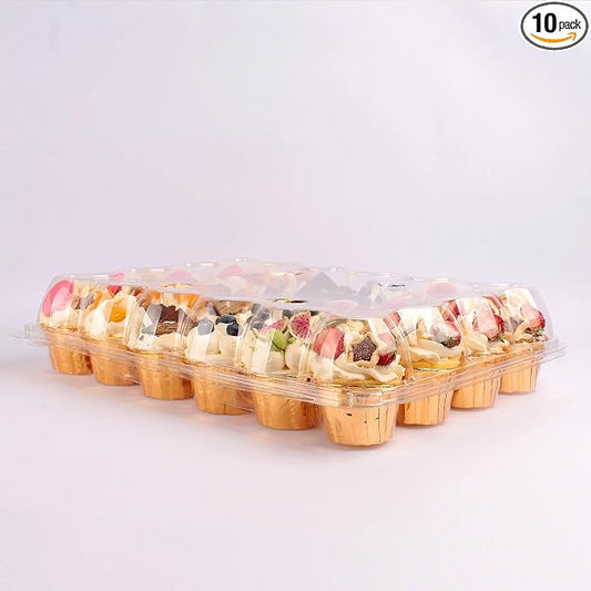 24 Count Cupcake Containers with Tall Dome Lids, 10 Pack Clear Plastic Stackable Cupcake Boxes, Detachable Covers for Frosted Cupcakes, Standard Size Cupcake Carrier for Parties, Bake Sales, Events