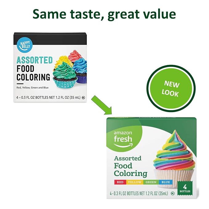 Amazon Grocery, Assorted Food Coloring, Contains Red, Blue, Green, Yellow Bottles, 0.3 Fl Oz (Pack of 8)