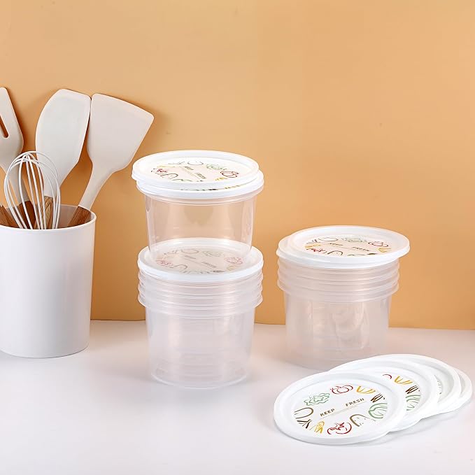 BSTKEY Round Pizza Dough Proofing Boxes, Set of 9 Stackable Food Storage Containers with Lid, 1100ml Clear Plastic Tray Fits for 300 Gram Pizza Dough, For Making 12-16" Pizzas