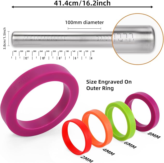 AMUZHI Stainless Steel Rolling Pin with Adjustable Thickness Rings | 4 Interchangeable Sizing Bands for Dumplings/Pasta/Cookies - Nonstick Kitchen Baking Tool