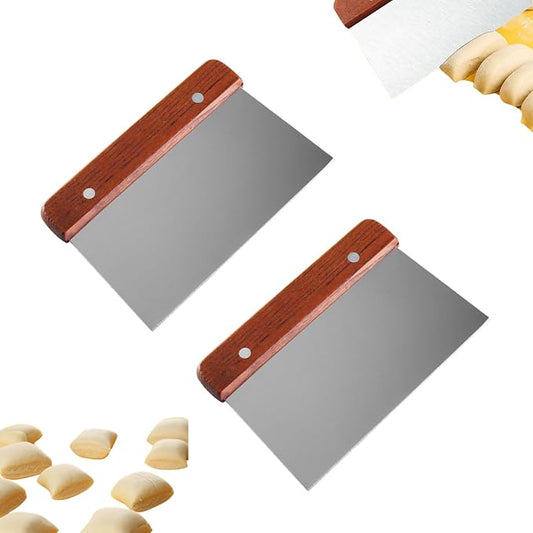 2 Pcs Bench Scraper Knife & Dough Scraper, Stainless Steel Food Cutter with Ergonomic Wood Handle, for Kitchen Baking, Cooking, Bread, Pizza & Cake
