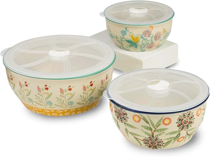 Euro Ceramica Ella 3 Piece Nesting Storage Bowls Set with Lids Assorted Multicolor Asian Floral Design, 82Fl oz