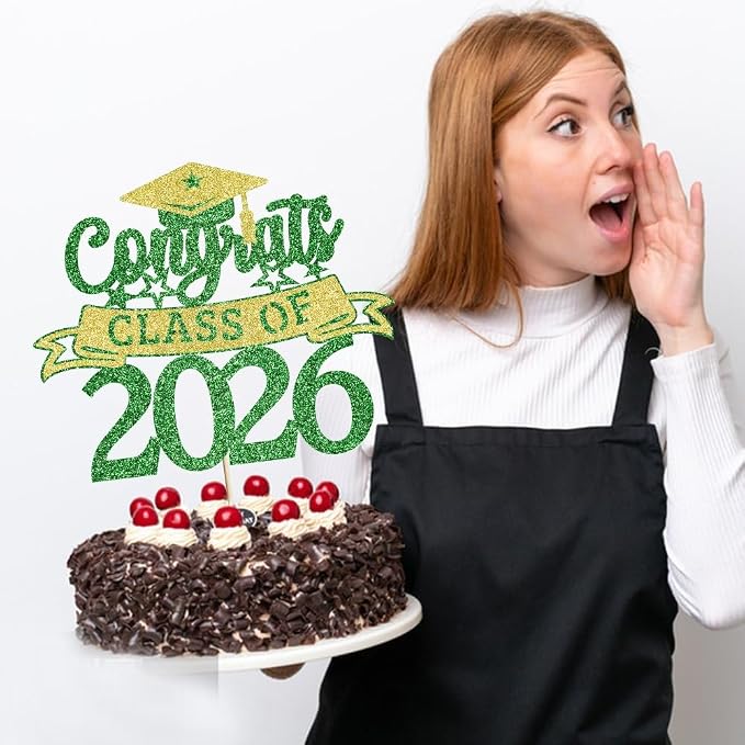 Glitter Class of 2026 Cake Topper，Congrats Grad Decorations， 2026 Happy Graduation High School/College/University Graduation Party Supplies Green and Gold