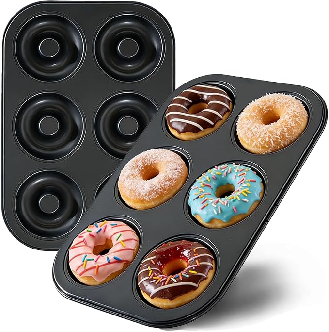 2 Pack Nonstick Donut Baking Pans, 6 Cavity Easy Steel Clean Doughnut, Oven Safe Heat Resistant, Reusable Bakeware for Making Donuts Bagels Homemade Desserts (Black, 6 Cup)