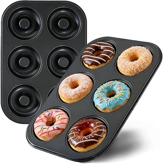 2 Pack Nonstick Donut Baking Pans, 6 Cavity Easy Steel Clean Doughnut, Oven Safe Heat Resistant, Reusable Bakeware for Making Donuts Bagels Homemade Desserts (Black, 6 Cup)