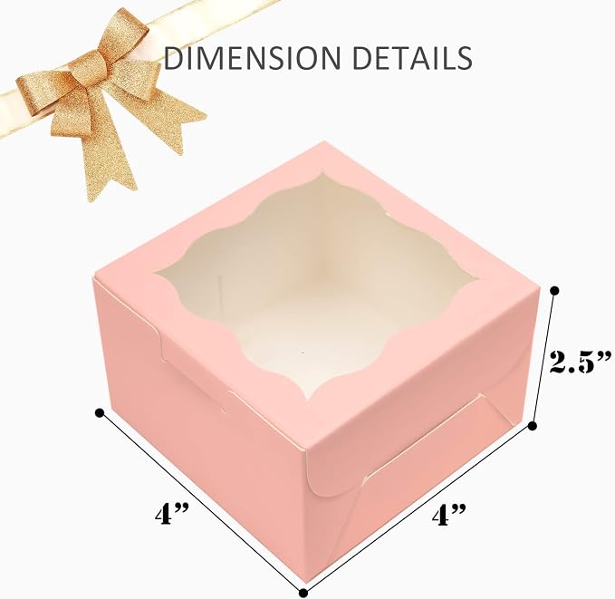 Bakepacker 400pcs Pink Bakery Boxes with Window 4"x 4"x 2.5" Thick & Cookie Boxes & Sturdy Macaroon Pastry